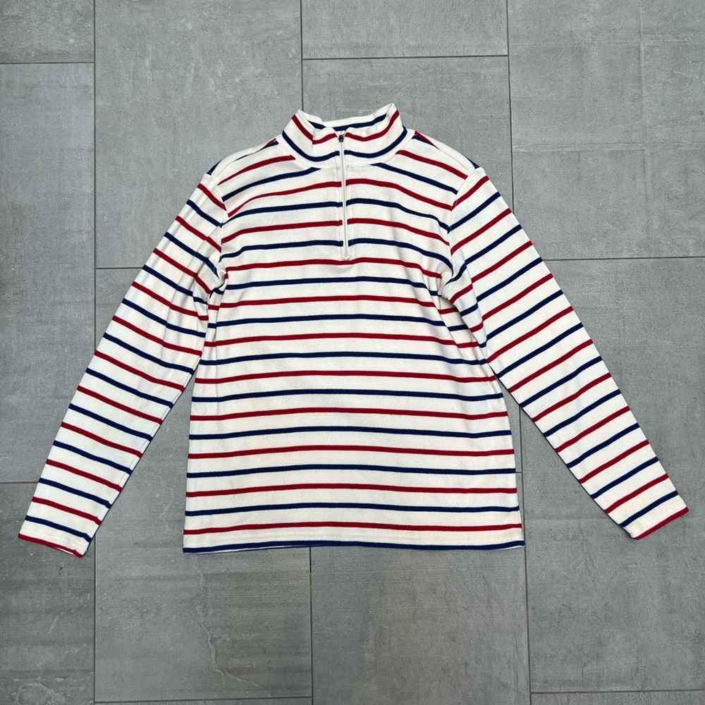 LL Bean mock neck top w zipper. Classic cream w red & blue stripes Med size